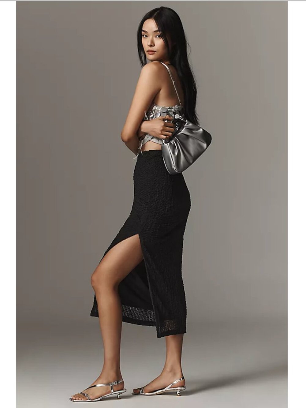 NWT ASTR The Label - Keely Black Textured Midi Skirt with Side Slit - L